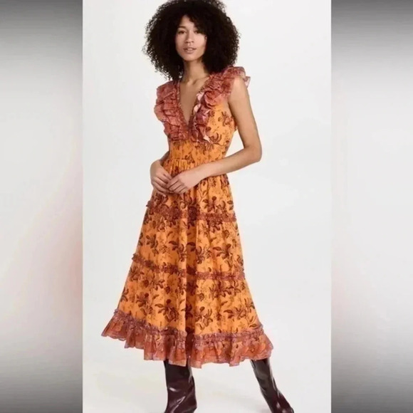 Anthropologie Love The Label Azalea Ruffled Midi Dress Beryl Mango Print Size M - Picture 1 of 7